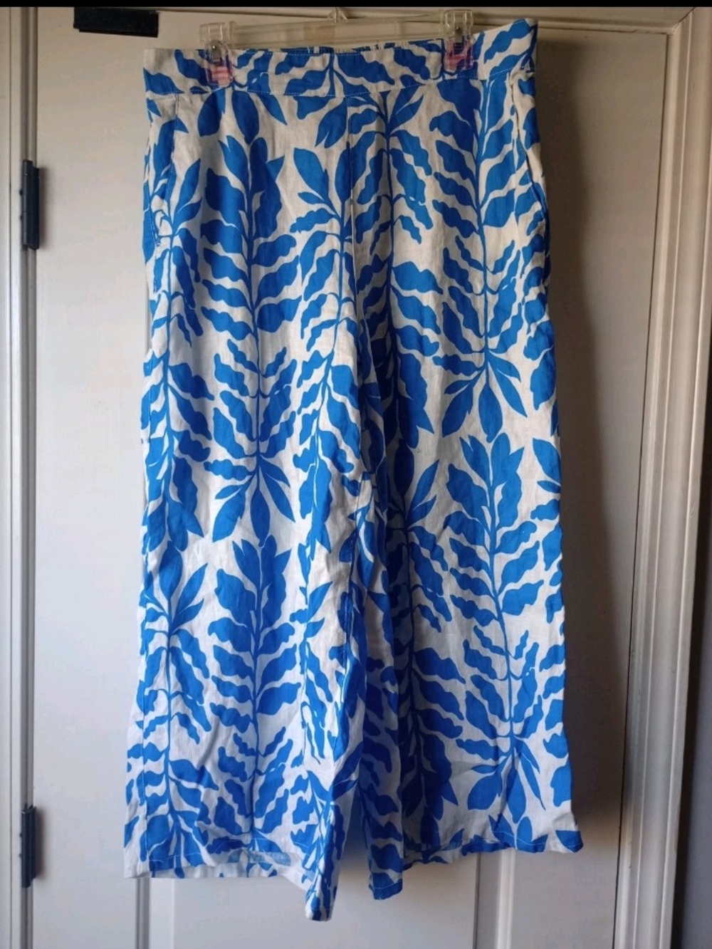 Rachel Zoe Linen Wide Leg Pants Blue White Leaf Print Cropped Size XL Boho Chic